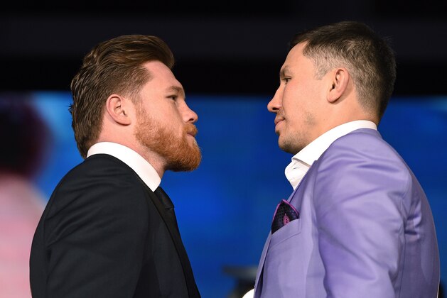 LOS ANGELES, CA - FEBRUARY 27: Boxers Canelo Alvarez (L) and Gennady Golovkin face off during a news conference at Microsoft Theater at L.A. Live to announce their upcoming rematch on February 27, 2018 in Los Angeles, California. (Photo by Kevork Djansezian/Getty Images)