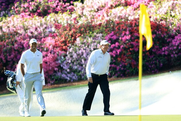 AUGUSTA, GA - APRIL 03:  Phil Mickelson (R) of the United States and Tiger Woods (L) of the United States walk onto the 13th green during a practice round prior to the start of the 2018 Masters Tournament at Augusta National Golf Club on April 3, 2018 in Augusta, Georgia.  (Photo by Andrew Redington/Getty Images)