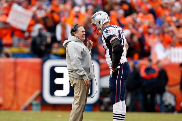 DENVER, CO - JANUARY 24: Head coach Bill Belichick of the New England Patriots speaks to Rob Gronkowski #87 in the fourth quarter against the Denver Broncos in the AFC Championship game at Sports Authority Field at Mile High on January 24, 2016 in Denver, Colorado. (Photo by Ezra Shaw/Getty Images) DENVER, CO - JANUARY 24: Head coach Bill Belichick of the New England Patriots speaks to Rob Gronkowski #87 in the fourth quarter against the Denver Broncos in the AFC Championship game at Sports Authority Field at Mile High on January 24, 2016 in Denver, Colorado. (Photo by Ezra Shaw/Getty Images)
