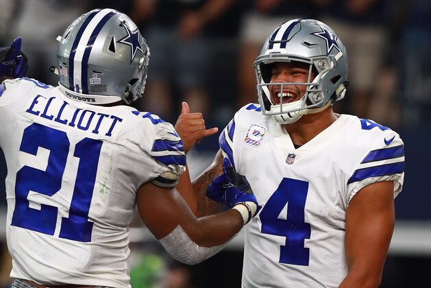 ARLINGTON, TX - OCTOBER 08:  Dak Prescott #4 of the Dallas Cowboys celebrates his late fourth-quarter touchdown with Ezekiel Elliott #21 against the Green Bay Packers at AT&T Stadium on October 8, 2017 in Arlington, Texas.  (Photo by Tom Pennington/Getty Images)