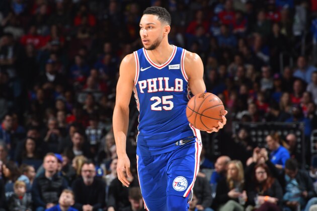 PHILADELPHIA,PA -  MARCH 28 : Ben Simmons #25 of the Philadelphia 76ers dribbles up court against the New York Knicks at Wells Fargo Center on March 28, 2018 in Philadelphia, Pennsylvania NOTE TO USER: User expressly acknowledges and agrees that, by downloading and/or using this Photograph, user is consenting to the terms and conditions of the Getty Images License Agreement. Mandatory Copyright Notice: Copyright 2018 NBAE (Photo by Jesse D. Garrabrant/NBAE via Getty Images)