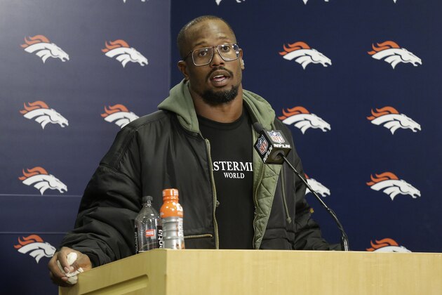 Denver Broncos outside linebacker Von Miller speaks after an NFL football game against the against the New York Jets, Sunday, Dec. 10, 2017, in Denver. The Broncos won 23-0. (AP Photo/Jack Dempsey)