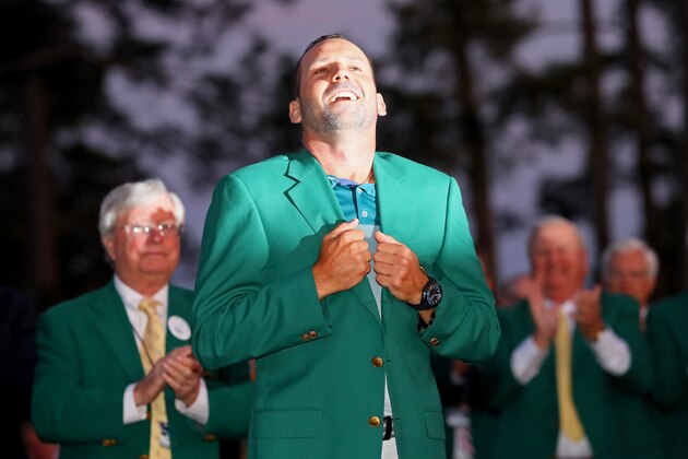 AUGUSTA, GA - APRIL 09:  Sergio Garcia of Spain celebrates after being awarded with a Green Jacket after he won in a playoff during the final round of the 2017 Masters Tournament at Augusta National Golf Club on April 9, 2017 in Augusta, Georgia.  (Photo by Andrew Redington/Getty Images)