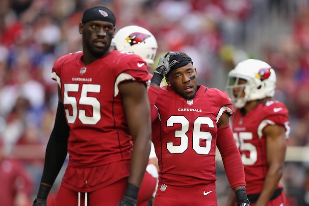 GLENDALE, AZ - DECEMBER 24:  Safety Budda Baker #36 (C) of the Arizona Cardinals during the first half of the NFL game against the New York Giants at the University of Phoenix Stadium on December 24, 2017 in Glendale, Arizona.  The Cardinals defeated the Giants 23-0.  (Photo by Christian Petersen/Getty Images)