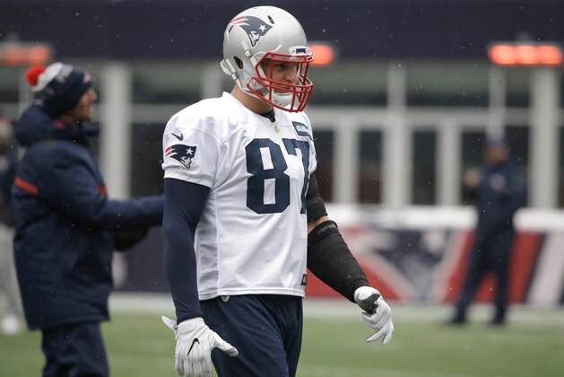 New England Patriots tight end Rob Gronkowski (87) warms up during NFL football practice, Wednesday, Jan. 17, 2018, at Gillette Stadium, in Foxborough, Mass. (AP Photo/Steven Senne)