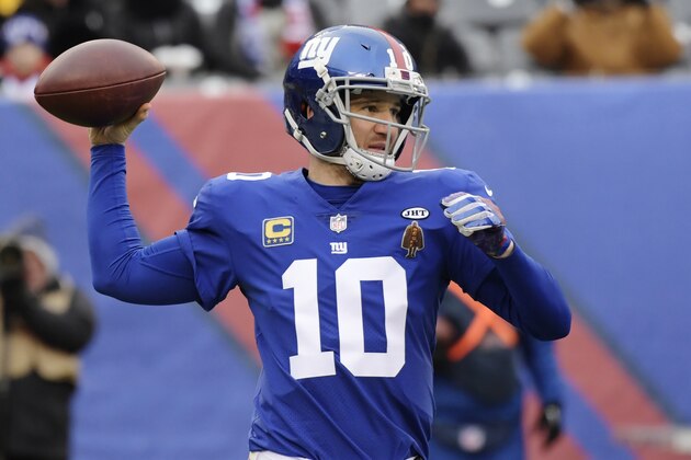 New York Giants quarterback Eli Manning (10) throws a pass during the first half of an NFL football game against the Washington Redskins Sunday, Dec. 31, 2017, in East Rutherford, N.J. (AP Photo/Bill Kostroun)