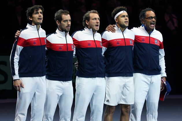 LILLE, FRANCE - NOVEMBER 26: Team France with Pierre-Hughes Herbert, Richard Gasquet, Lucas Pouille, Jo-Wilfried Tsonga, captain of France Yannick Noah during the teams presentation on day 3 of the Davis Cup World Group final between France and Belgium at Stade Pierre Mauroy on November 26, 2017 in Lille, France. (Photo by Jean Catuffe/Getty Images)