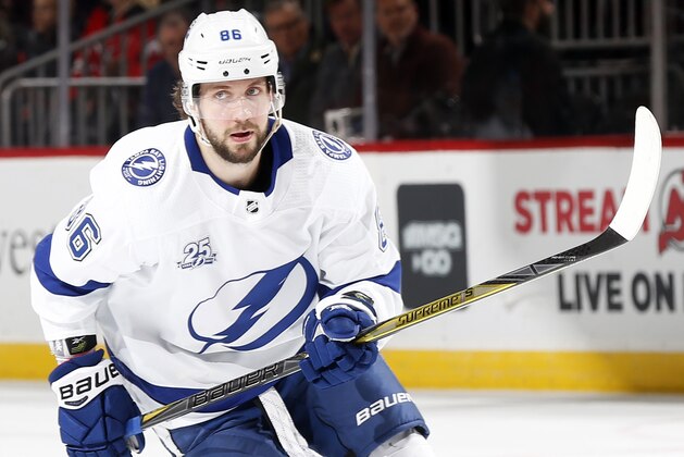NEWARK, NJ - MARCH 24: Nikita Kucherov #86 of the Tampa Bay Lightning in action against the New Jersey Devils during the first period at the Prudential Center on March 24, 2018 in Newark, New Jersey. (Photo by Adam Hunger/Getty Images)