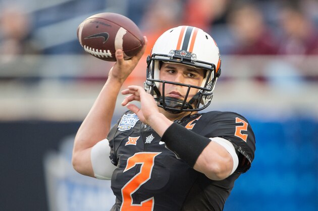 ORLANDO, FL - DECEMBER 28: Quarterback Mason Rudolph #2 of the Oklahoma State Cowboys prior to their game against the Virginia Tech Hokies on December 28, 2017 at Camping World Stadium in Orlando, Florida. (Photo by Michael Chang/Getty Images)