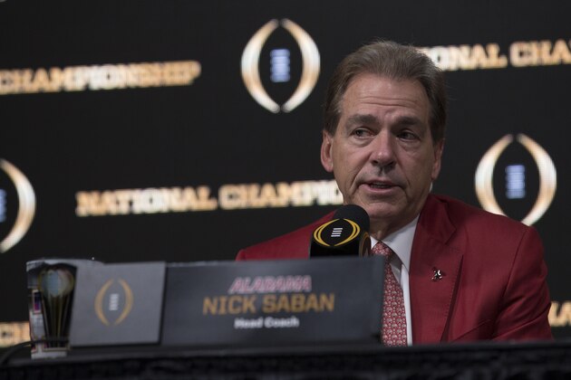 ATLANTA, GA - JANUARY 07:  University of Alabama head coach Nick Saban talks during the College Football Playoff National Championship Coaches Press Conference on January 7, 2018 in Atlanta, Georgia.  (Photo by Mike Zarrilli/Getty Images)