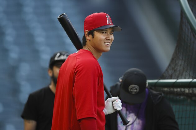 Los Angeles Angels starting pitcher Shohei Ohtani, of Japan, smiles during batting practice for the team's baseball game against the Cleveland Indians, Tuesday, April 3, 2018, in Anaheim, Calif. (AP Photo/Jae C. Hong)