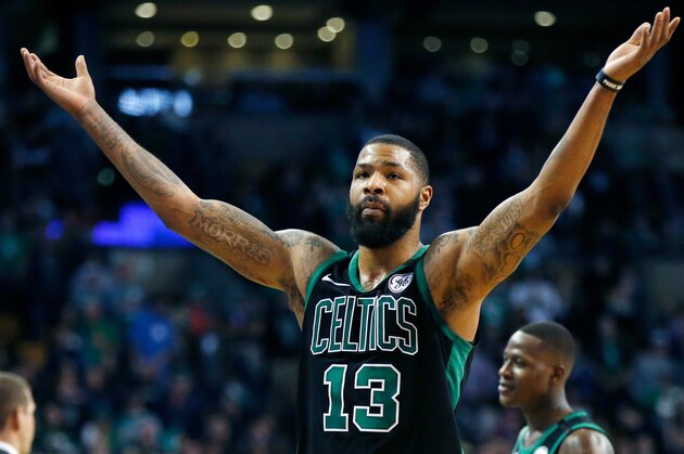 Boston Celtics' Marcus Morris reacts after being ejected during the fourth quarter of an NBA basketball game against the Toronto Raptors in Boston, Saturday, March 31, 2018. The Celtics won 110-99. (AP Photo/Michael Dwyer)