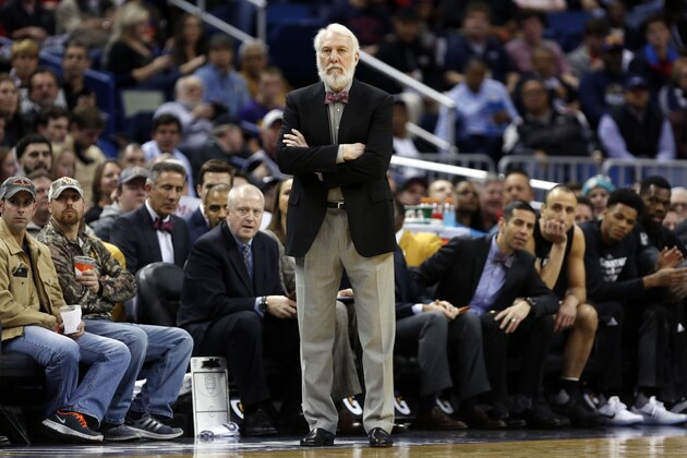 San Antonio Spurs head coach Greg Popovich in the first half of an NBA basketball game in New Orleans, Friday, Jan. 27, 2017. (AP Photo/Tyler Kaufman)