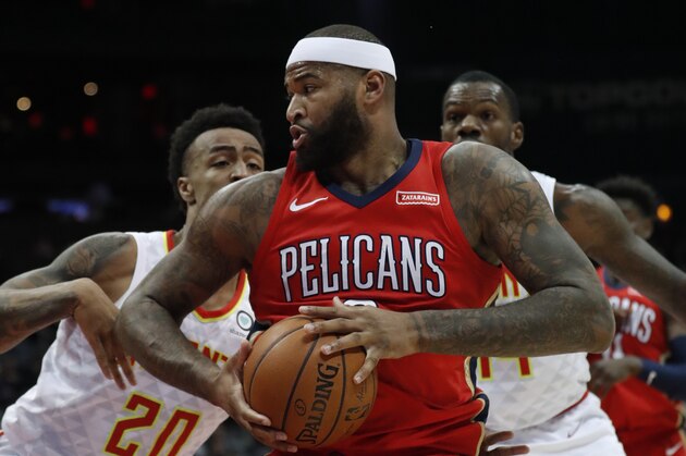 New Orleans Pelicans center DeMarcus Cousins (0) works against the Atlanta Hawks during the second half of an NBA basketball game Wednesday, Jan. 17, 2018, in Atlanta. The Hawks won 94-93. (AP Photo/John Bazemore)
