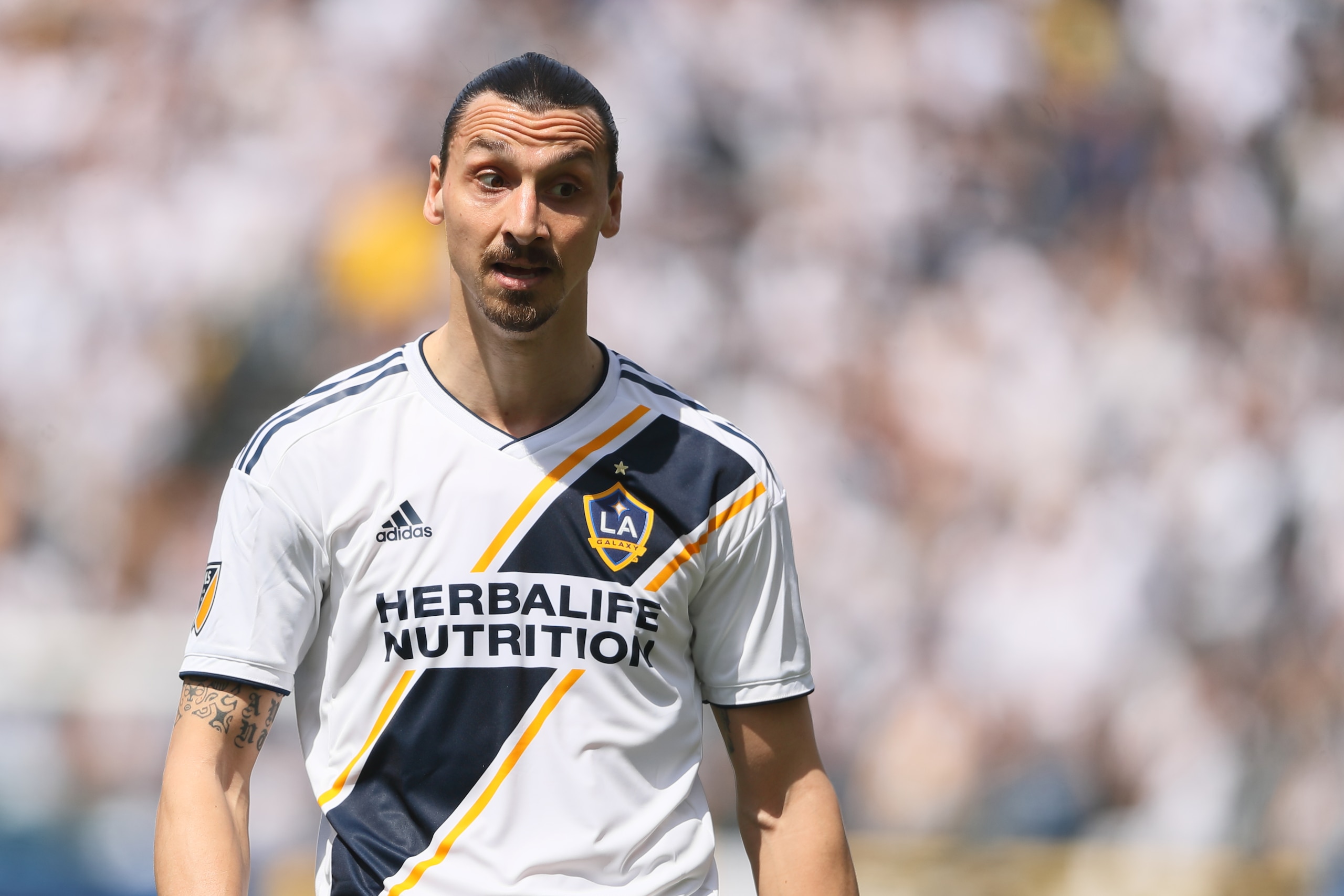 CARSON, CA - MARCH 31: Zlatan Ibrahimovic of Los Angeles Galaxy during the MLS match between Los Angeles FC and Los Angeles Galaxy  at StubHub Center on March 31, 2018 in Carson, California. (Photo by Matthew Ashton - AMA/Getty Images)