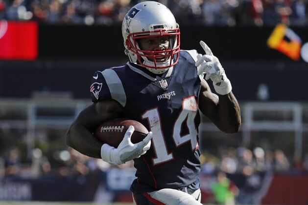 New England Patriots wide receiver Brandin Cooks runs for a touchdown against the Houston Texans during an NFL football game at Gillette Stadium in Foxborough, Mass. Sunday, Sept. 24, 2017. (Winslow Townson/AP Images for Panini) New England Patriots wide receiver Brandin Cooks runs for a touchdown against the Houston Texans during an NFL football game at Gillette Stadium in Foxborough, Mass. Sunday, Sept. 24, 2017. (Winslow Townson/AP Images for Panini)
