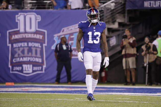 New York Giants wide receiver Odell Beckham warms up before an NFL football game against the Detroit Lions Monday, Sept. 18, 2017, in East Rutherford, N.J. (AP Photo/Julio Cortez)
