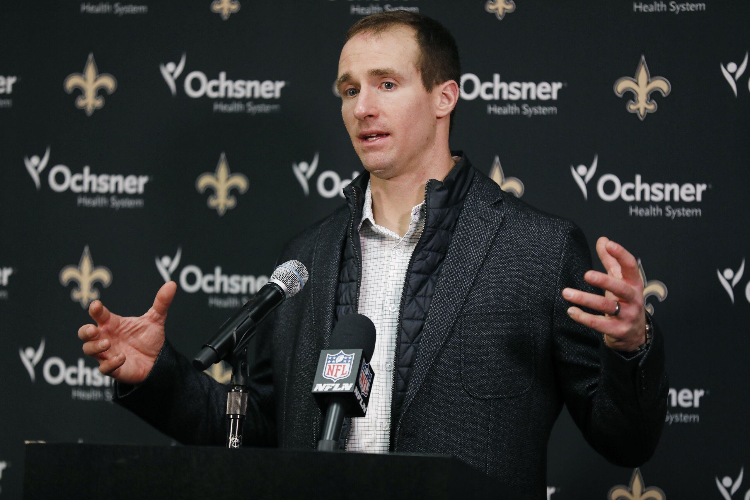 New Orleans Saints quarterback Drew Brees takes part in a news conference following an NFL divisional football playoff game in Minneapolis, Sunday, Jan. 14, 2018. The Vikings defeated the Saints 29-24. (AP Photo/Charlie Neibergall) New Orleans Saints quarterback Drew Brees takes part in a news conference following an NFL divisional football playoff game in Minneapolis, Sunday, Jan. 14, 2018. The Vikings defeated the Saints 29-24. (AP Photo/Charlie Neibergall)