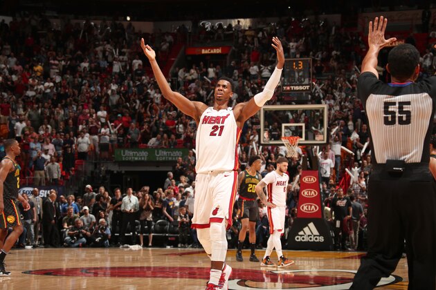 MIAMI, FL - APRIL 3: Hassan Whiteside #21 of the Miami Heat reacts to a play during the game against the Atlanta Hawks on April 3, 2018 at American Airlines Arena in Miami, Florida. NOTE TO USER: User expressly acknowledges and agrees that, by downloading and/or using this photograph, user is consenting to the terms and conditions of the Getty Images License Agreement. Mandatory Copyright Notice: Copyright 2018 NBAE (Photo by Issac Baldizon/NBAE via Getty Images)