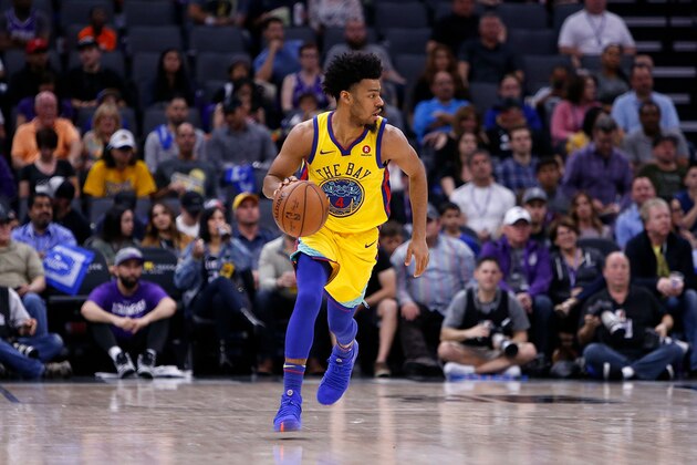 SACRAMENTO, CA - MARCH 31: Quinn Cook #4 of the Golden State Warriors dribbles the ball up court against the Sacramento Kings at Golden 1 Center on March 31, 2018 in Sacramento, California. NOTE TO USER: User expressly acknowledges and agrees that, by downloading and or using this photograph, User is consenting to the terms and conditions of the Getty Images License Agreement. (Photo by Lachlan Cunningham/Getty Images)