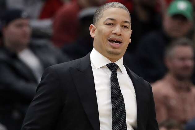 Cleveland Cavaliers head coach Tyronn Lue reacts as he watches his team during the first half of an NBA basketball game against the Chicago Bulls, Saturday, March 17, 2018, in Chicago. (AP Photo/Nam Y. Huh)