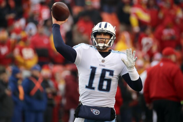 Tennessee Titans quarterback Matt Cassel (16) warms up before an NFL wild-card playoff football game against Kansas City Chiefs, in Kansas City, Mo., Saturday, Jan. 6, 2018. (AP Photo/Charlie Riedel)