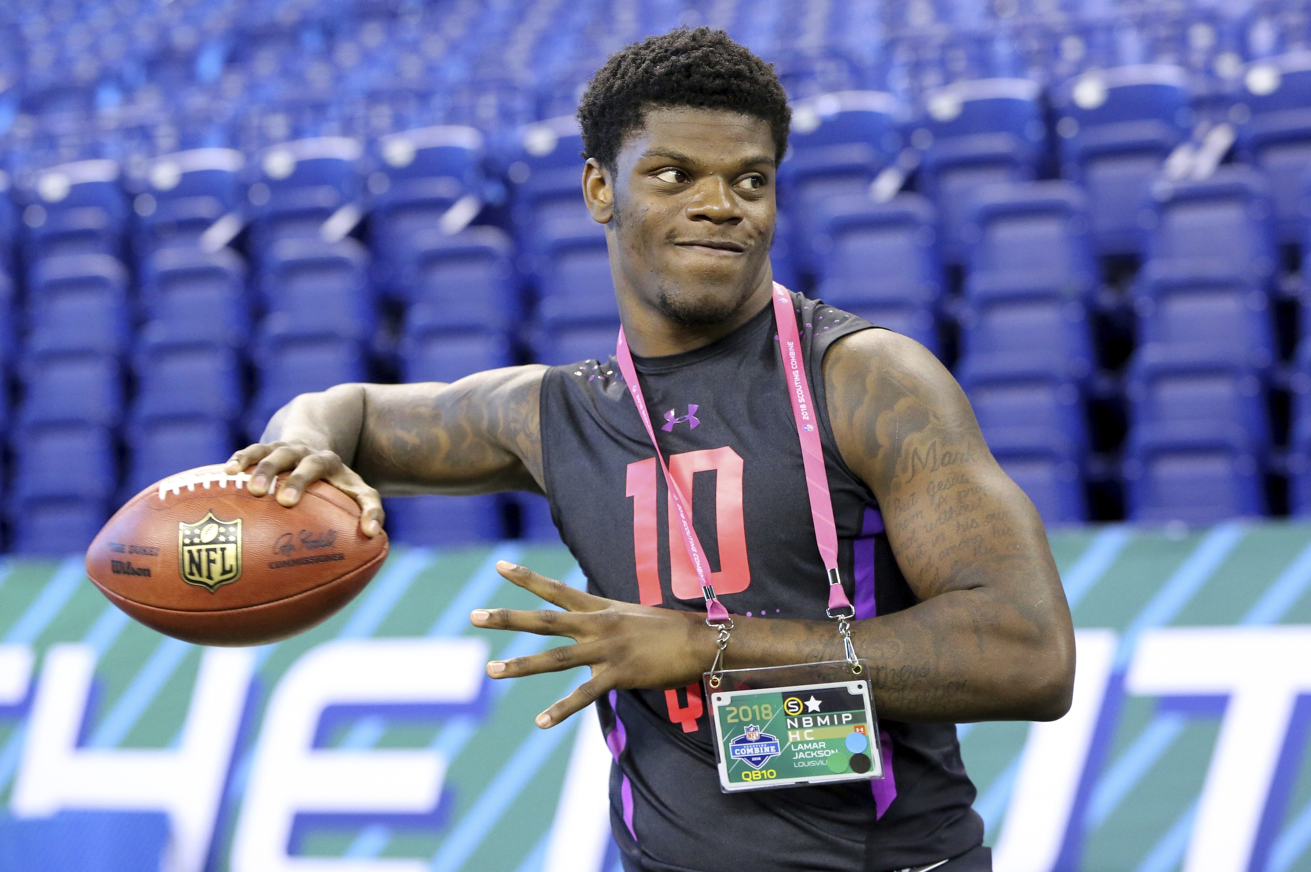 Louisville quarterback Lamar Jackson is seen at the 2018 NFL Scouting Combine on Saturday, March 3, 2018, in Indianapolis. (AP Photo/Gregory Payan) Louisville quarterback Lamar Jackson is seen at the 2018 NFL Scouting Combine on Saturday, March 3, 2018, in Indianapolis. (AP Photo/Gregory Payan)