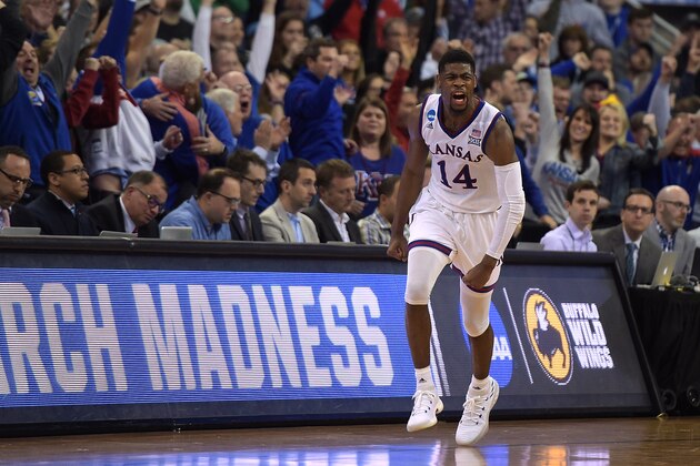OMAHA, NE - MARCH 25: Malik Newman #14 of the Kansas Jayhawks reacts following a basket during their game against the Duke Blue Devils during the 2018 NCAA Men's Basketball Tournament Midwest Regional Final at CenturyLink Center on March 25, 2018 in Omaha, Nebraska. (Photo by Lance King/Getty Images)