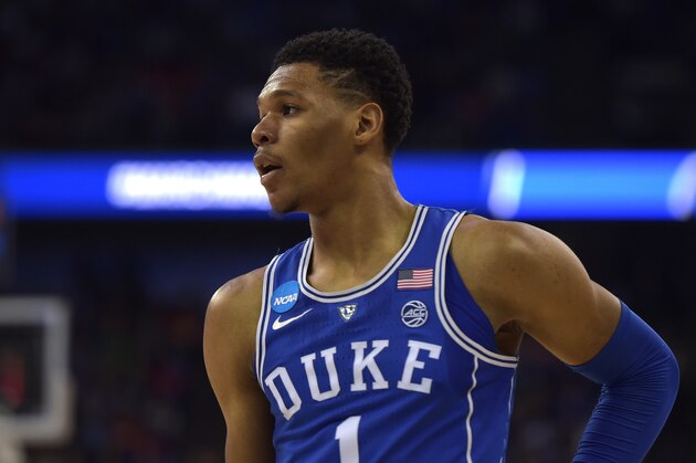 OMAHA, NE - MARCH 25: Trevon Duval #1 of the Duke Blue Devils looks on during their game against the Kansas Jayhawks during the 2018 NCAA Men's Basketball Tournament Midwest Regional Final at CenturyLink Center on March 25, 2018 in Omaha, Nebraska. (Photo by Lance King/Getty Images)