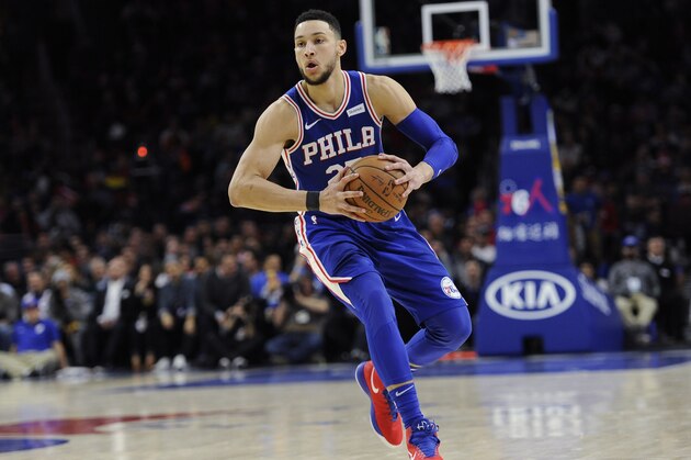 Philadelphia 76ers' Ben Simmons (25) is seen during an NBA basketball game against the New York Knicks, Monday, Feb 12, 2018, in Philadelphia. The 76ers won 108-92. (AP Photo/Michael Perez)