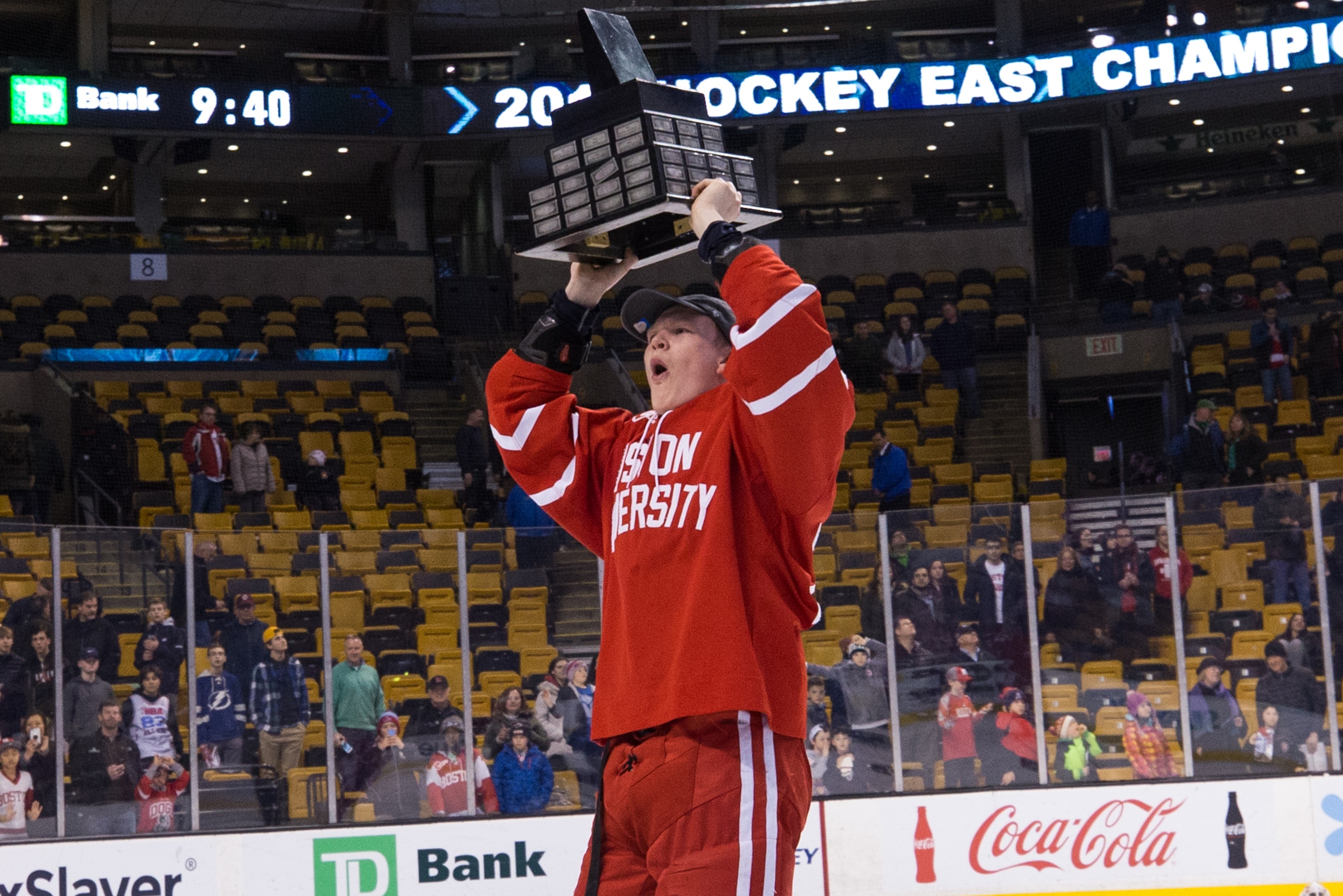 BOSTON, MA - MARCH 17: Brady Tkachuk #27 of the Boston University Terriers celebrates after the Terriers won the Hockey East Championship 2-0 against the Providence College Friars during NCAA hockey in the Hockey East Championship Final at TD Garden on March 17, 2018 in Boston, Massachusetts. (Photo by Richard T Gagnon/Getty Images)