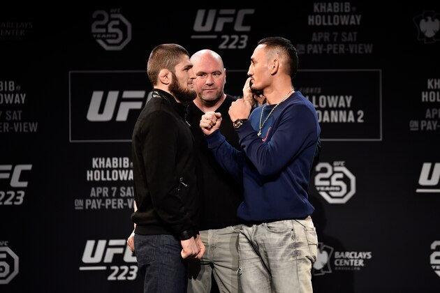 BROOKLYN, NY - APRIL 04:  (L-R) Khabib Nurmagomedov of Russia and Max Holloway face off during the UFC 223 Press Conference at the Music Hall of Williamsburg on April 4, 2018 in Brooklyn, New York. (Photo by Jeff Bottari/Zuffa LLC/Zuffa LLC via Getty Images)