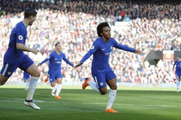 Chelsea's Willian, center,celebrates after scoring his side's opening goal during the English Premier League soccer match between Manchester United and Chelsea at the Old Trafford stadium in Manchester, England, Sunday, Feb. 25, 2018. (AP Photo/Rui Vieira) Chelsea's Willian, center,celebrates after scoring his side's opening goal during the English Premier League soccer match between Manchester United and Chelsea at the Old Trafford stadium in Manchester, England, Sunday, Feb. 25, 2018. (AP Photo/Rui Vieira)