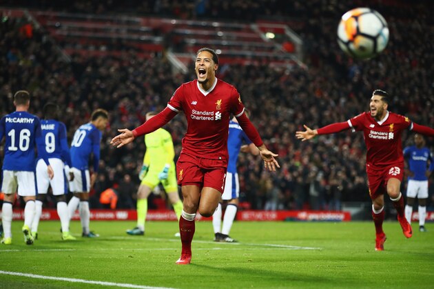 LIVERPOOL, ENGLAND - JANUARY 05:  Virgil van Dijk of Liverpool celebrates as he scores their second goal during the Emirates FA Cup Third Round match between Liverpool and Everton at Anfield on January 5, 2018 in Liverpool, England.  (Photo by Clive Brunskill/Getty Images)