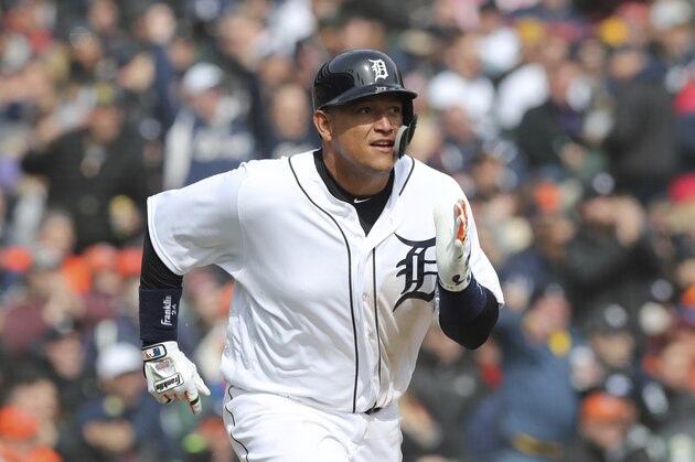 Detroit Tigers' Miguel Cabrera runs to first during the seventh inning of a baseball game against the Pittsburgh Pirates, Friday, March 30, 2018, in Detroit. (AP Photo/Carlos Osorio)