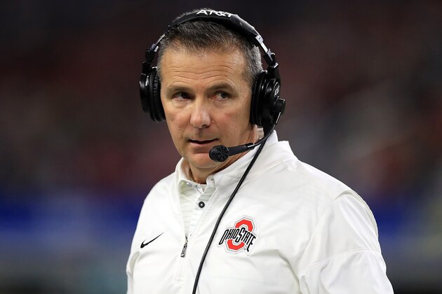 ARLINGTON, TX - DECEMBER 29:  Head coach Urban Meyer of the Ohio State Buckeyes during the Goodyear Cotton Bowl against the USC Trojans in the second quarter at AT&T Stadium on December 29, 2017 in Arlington, Texas.  (Photo by Ronald Martinez/Getty Images)