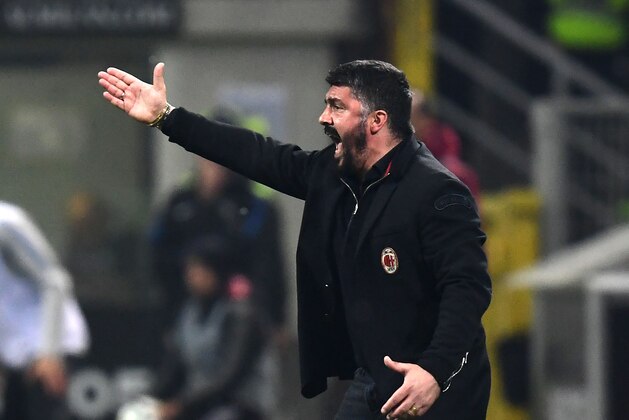 AC Milan's Italian coach Gennaro Gattuso reacts during the Italian Serie A football match AC Milan vs Inter Milan at the San Siro stadium in Milan on April 4, 2018. / AFP PHOTO / MIGUEL MEDINA        (Photo credit should read MIGUEL MEDINA/AFP/Getty Images)