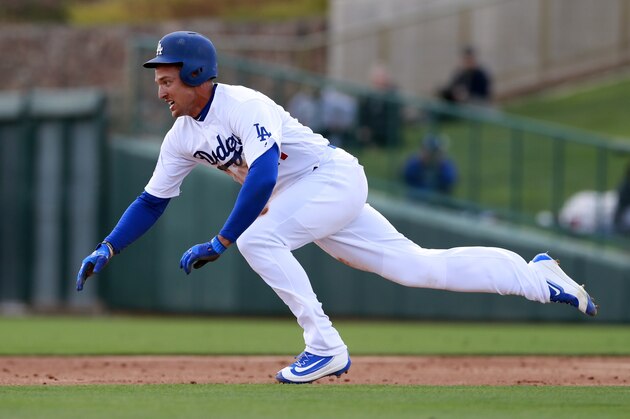 Los Angeles Dodgers' Trayce Thompson steals second during a baseball spring exhibition game against the Chicago White Sox, Friday, Feb. 23, 2018, in Glendale, Ariz. (AP Photo/Carlos Osorio)
