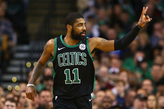 BOSTON, MA - MARCH 11:  Kyrie Irving #11 of the Boston Celtics gestures during a game against the Indiana Pacers at TD Garden on March 11, 2018 in Boston, Massachusetts. NOTE TO USER: User expressly acknowledges and agrees that, by downloading and or using this photograph, User is consenting to the terms and conditions of the Getty Images License Agreement. (Photo by Adam Glanzman/Getty Images)