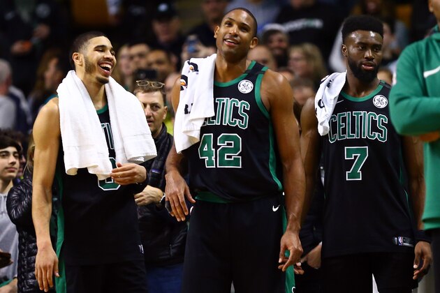 BOSTON, MA - MARCH 31:  Jayson Tatum #0, Al Horford #42 and Jaylen Brown #7 of the Boston Celtics react in the fourth quarter of a game against the Toronto Raptors at TD Garden on March 31, 2018 in Boston, Massachusetts. NOTE TO USER: User expressly acknowledges and agrees that, by downloading and or using this photograph, User is consenting to the terms and conditions of the Getty Images License Agreement. (Photo by Adam Glanzman/Getty Images)