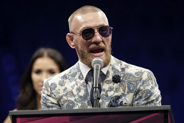 Conor McGregor speaks during a news conference after a super welterweight boxing match against Floyd Mayweather Jr., Sunday, Aug. 27, 2017, in Las Vegas. (AP Photo/Isaac Brekken)