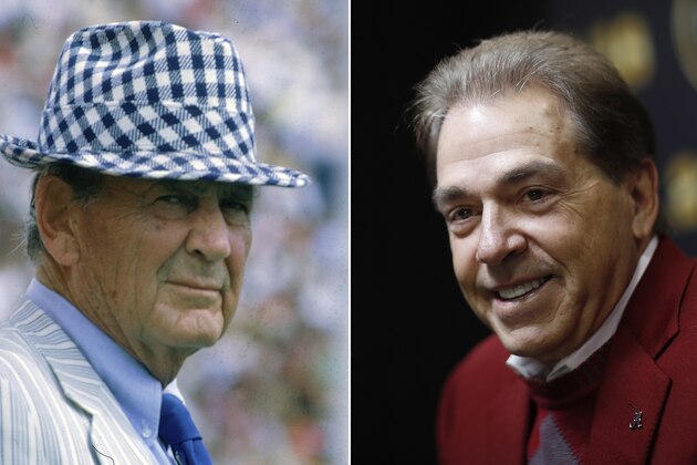 FILE - At left is a Sept. 1980 file photo showing Alabama football coach Paul