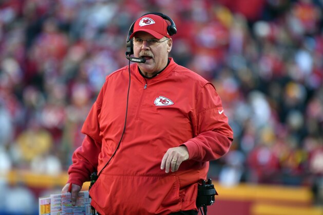 Kansas City Chiefs head coach Andy Reid follows the first half of an NFL football game against the Oakland Raiders in Kansas City, Mo., Sunday, Dec. 10, 2017. (AP Photo/Ed Zurga)