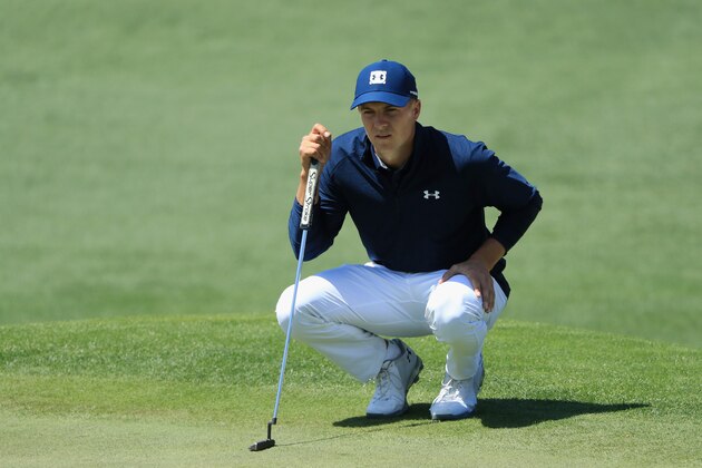 AUGUSTA, GA - APRIL 05:  Jordan Spieth of the United States lines up a putt on the second hole during the first round of the 2018 Masters Tournament at Augusta National Golf Club on April 5, 2018 in Augusta, Georgia.  (Photo by Andrew Redington/Getty Images)