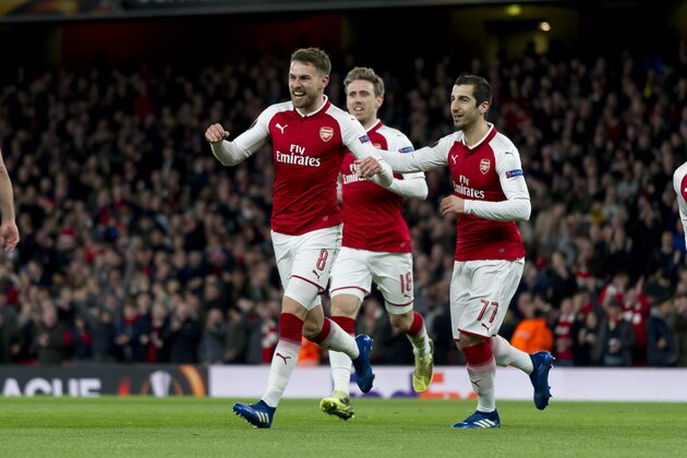 LONDON, ENGLAND - APRIL 05:  Aaron Ramsey of Arsenal celebrates after scoring  the frist goal during the UEFA UEFA Europa League Quarter-Final first leg match between Arsenal FC and CSKA Moskva at Emirates Stadium on April 5, 2018 in London, United Kingdom. (Photo by TF-Images/TF-Images via Getty Images)