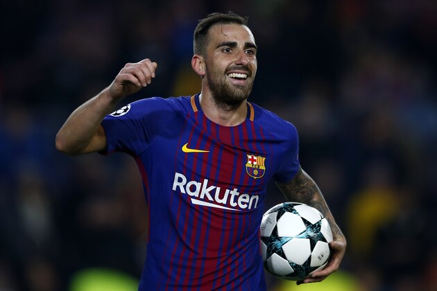 Barcelona's Paco Alcacer takes the ball after his side's second goal during the Champions League Group D soccer match between FC Barcelona and Sporting CP at the Camp Nou stadium in Barcelona, Spain, Tuesday, Dec. 5, 2017. (AP Photo/Manu Fernandez)