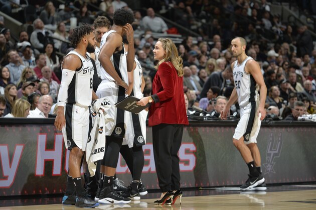 SAN ANTONIO, TX - DECEMBER 26:  Assistant Coach Becky Hammon of the San Antonio Spurs talks with players during the game against the Brooklyn Nets on December 26, 2017 at the AT&T Center in San Antonio, Texas. NOTE TO USER: User expressly acknowledges and agrees that, by downloading and or using this photograph, user is consenting to the terms and conditions of the Getty Images License Agreement. Mandatory Copyright Notice: Copyright 2017 NBAE (Photos by Mark Sobhani/NBAE via Getty Images)