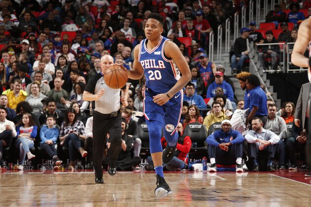 DETROIT, MI - APRIL 4: Markelle Fultz #20 of the Philadelphia 76ers handles the ball against the Detroit Pistons on April 4, 2018 at Little Caesars Arena in Detroit, Michigan. NOTE TO USER: User expressly acknowledges and agrees that, by downloading and/or using this photograph, User is consenting to the terms and conditions of the Getty Images License Agreement. Mandatory Copyright Notice: Copyright 2018 NBAE (Photo by Brian Sevald/NBAE via Getty Images)