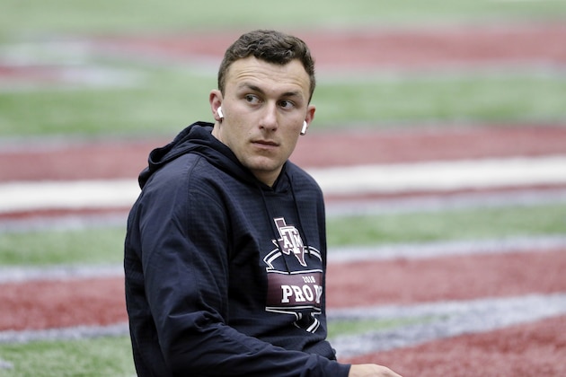 Former Cleveland Browns quarterback Johnny Manziel between drills at his alma mater during Texas A&M's football Pro Day in College Station, Texas, Tuesday, March 27, 2018. (AP Photo/Michael Wyke)