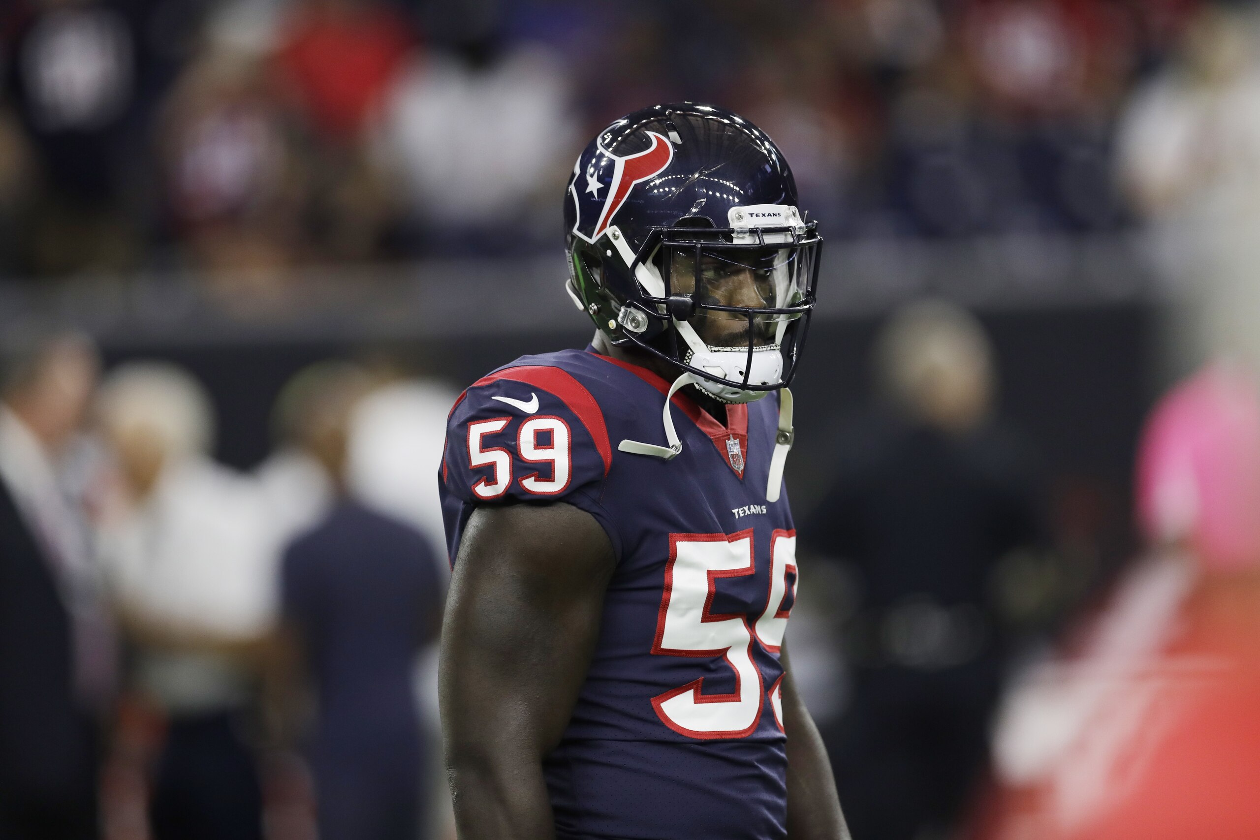 Houston Texans outside linebacker Whitney Mercilus (59) warms up before an NFL football game against the Kansas City Chiefs, Sunday, Oct. 8, 2017, in Houston. (AP Photo/Eric Christian Smith)